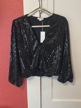 GPD Black Sequin Wrap-Front Women's Top